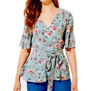 Loft Green Sage Floral Wrap Flutter Sleeve Blouse Top XSP